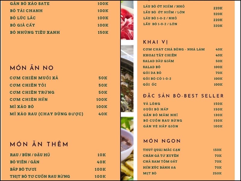 Menu Quán Lẩu Bò Ớt Hiểm
