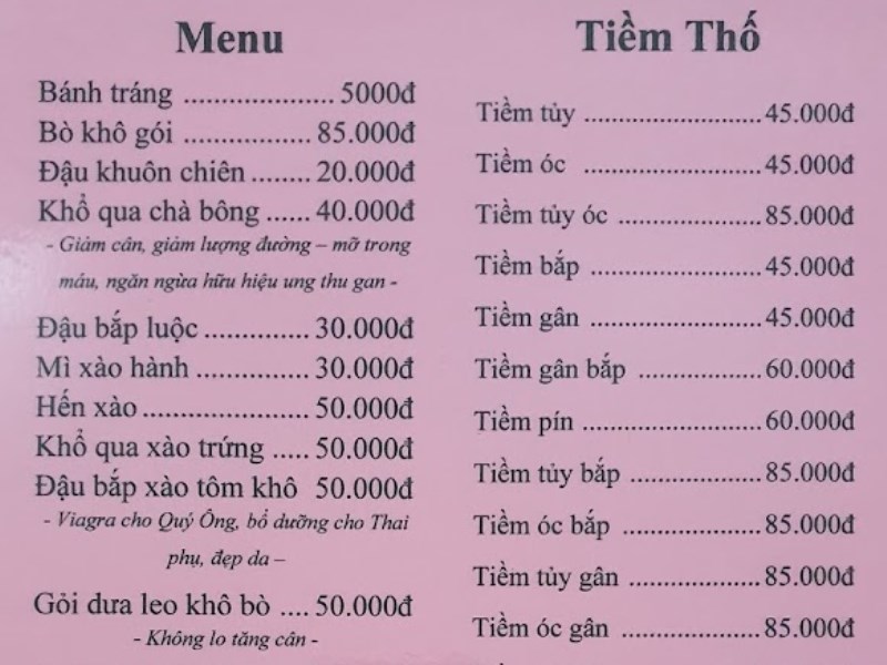 Menu Quán Lẩu Bò Tiềm Yersin