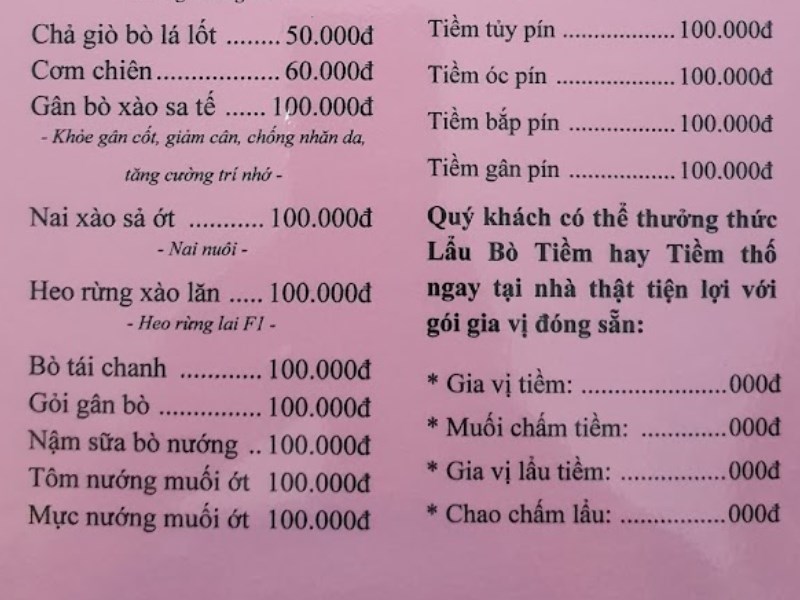 Menu Quán Lẩu Bò Tiềm Yersin