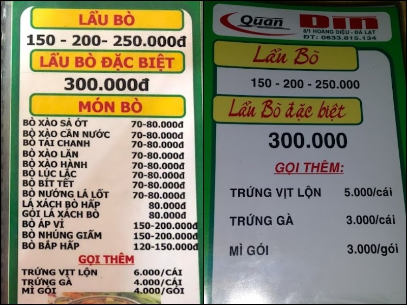 Menu Quán Lẩu Bò Quán Dìn