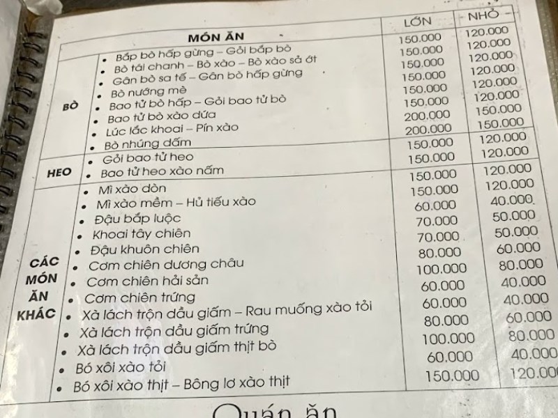 Menu Quán Lẩu Bò Thanh Tâm