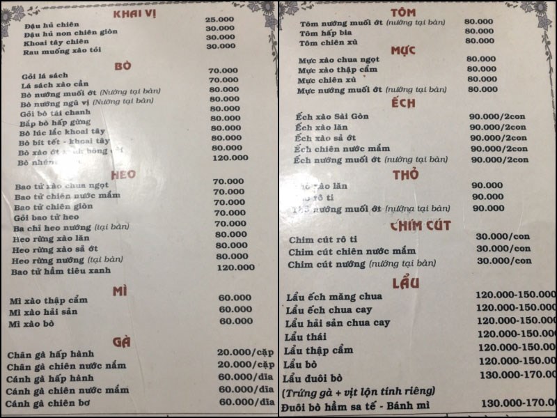 Menu Quán Lẩu Bò Sài Gòn