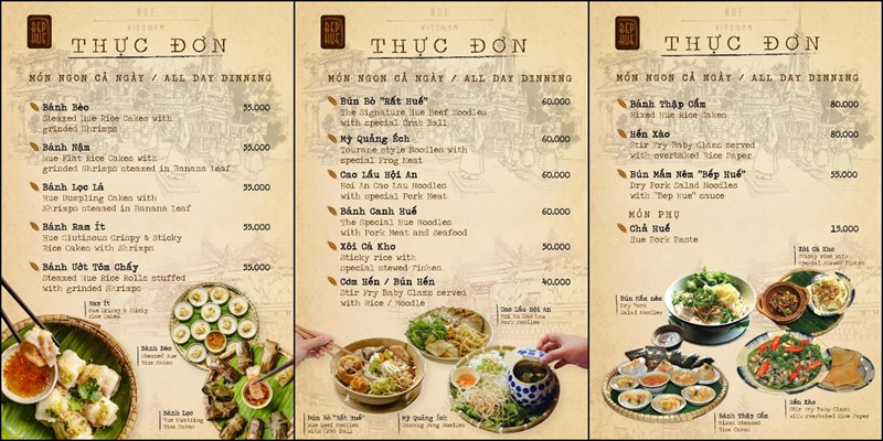 Thực đơn Nhà hàng Bếp Huế