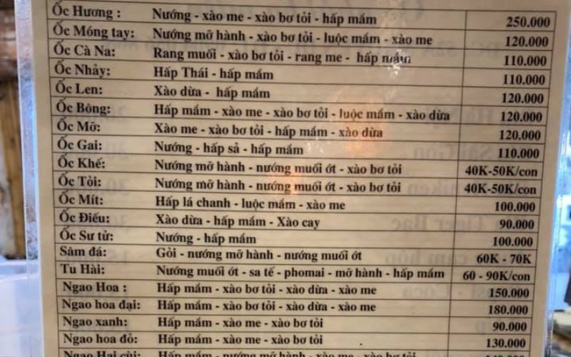 Menu Quán Ốc Phủi 3 Miền