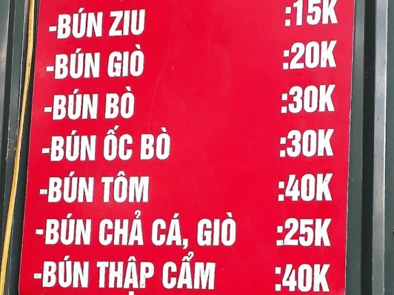 Menu quán bún ziu gánh cô yến