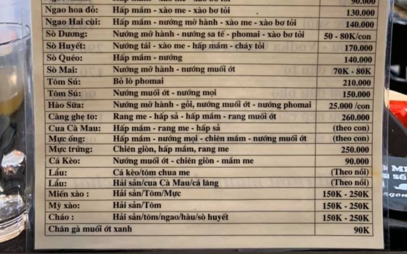 Menu Quán Ốc Phủi 3 Miền