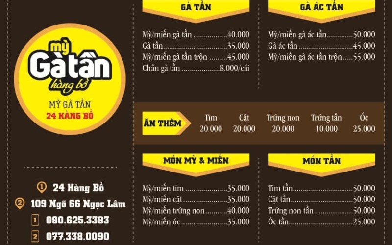 Menu Quán Mỳ Gà Tần Hàng Bồ