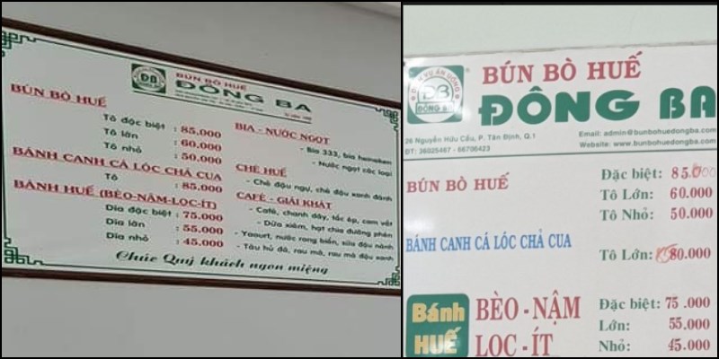Menu Nhà hàng Đông Ba - Bún Bò Huế