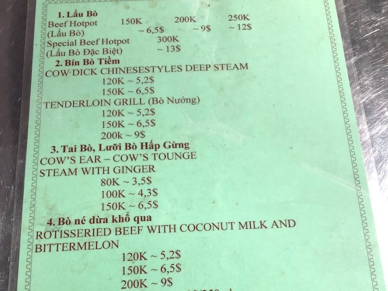 Menu Quán Lẩu Bò Nàng Hương