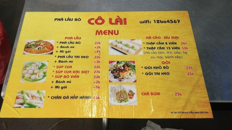 Menu quán phá lấu bò Cô Lài