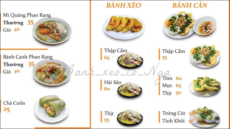 Menu tại quán Bánh Xèo Cô Nga