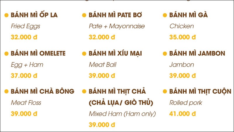 Menu tại quán Bánh Mì 362