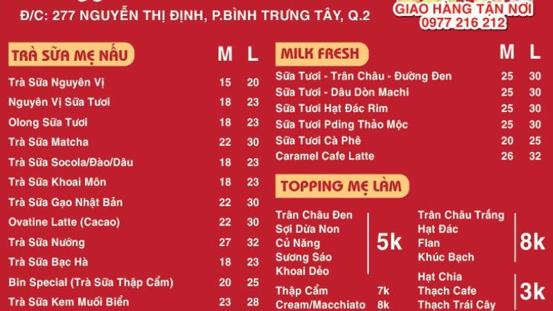 Menu quán Mr.BIN Chè & Trà