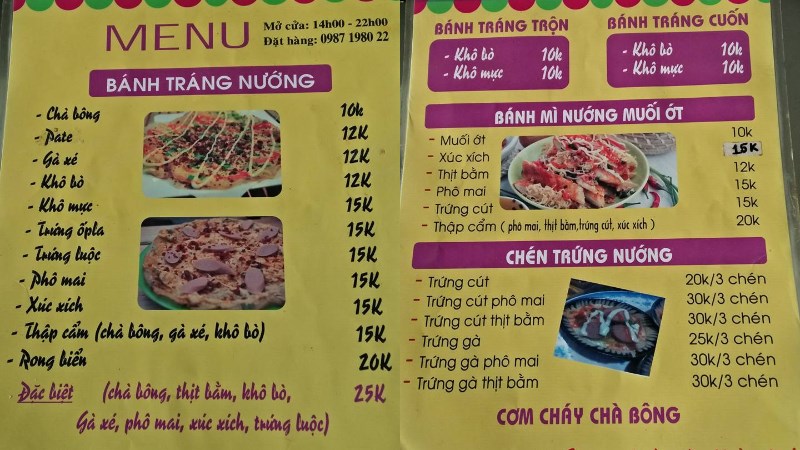 Menu tại quán bánh tráng Cô Thủy