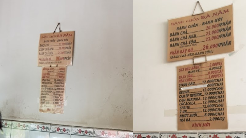 Menu tại quán bánh cuốn Bà Năm