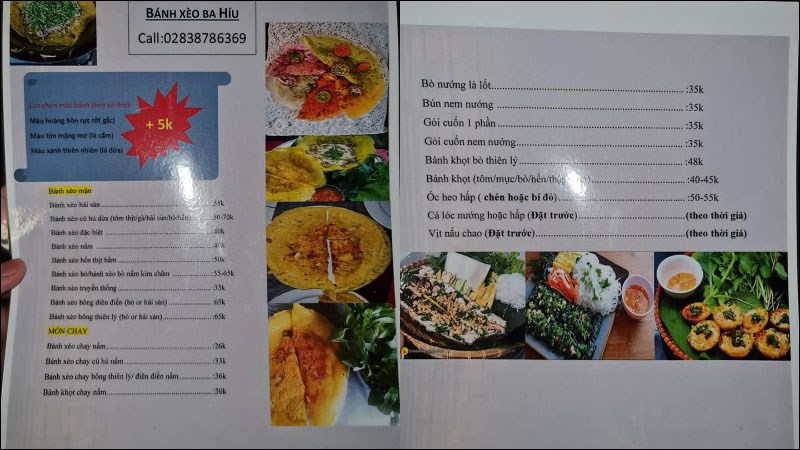 Menu quán Bánh Xèo Ba Híu