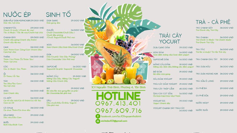 Menu quán sinh tố Bổ