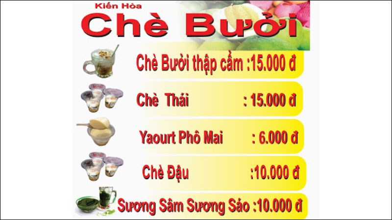 Menu quán Chè Bưởi Kiến Hòa