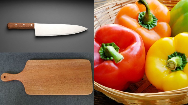 Nguy&ecirc;n liệu v&agrave; dụng cụ cắt, th&aacute;i ớt chu&ocirc;ng