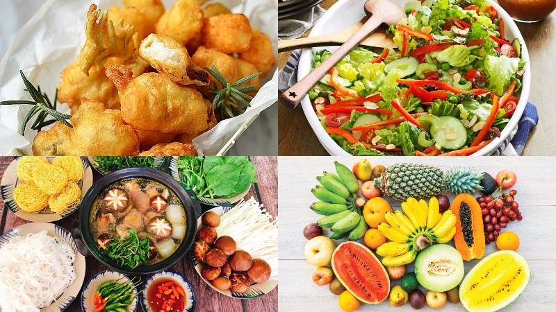 Cá chẽm tẩm bột chiên giòn, salad hoa quả, lẩu gà nấm, cà ri gà, nước ngọt có gas, trái cây