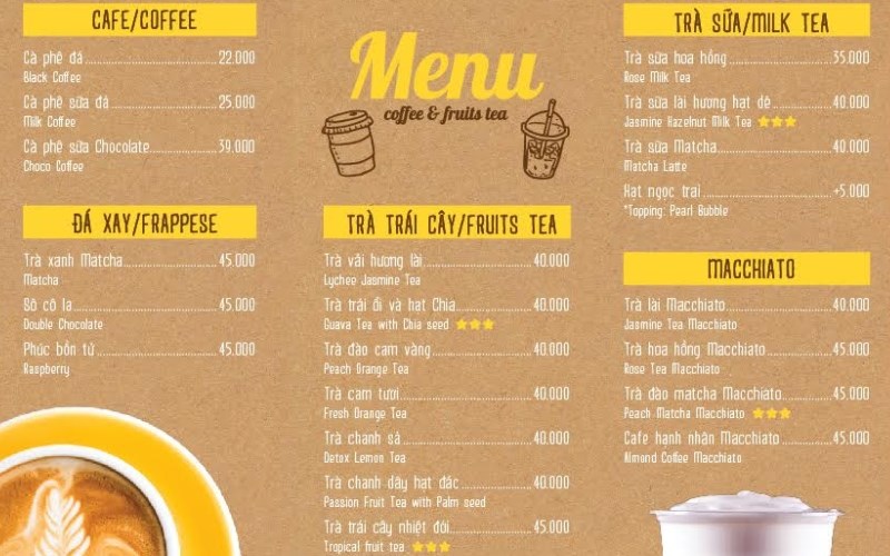 Thực đơn tại quán Hope Coffee