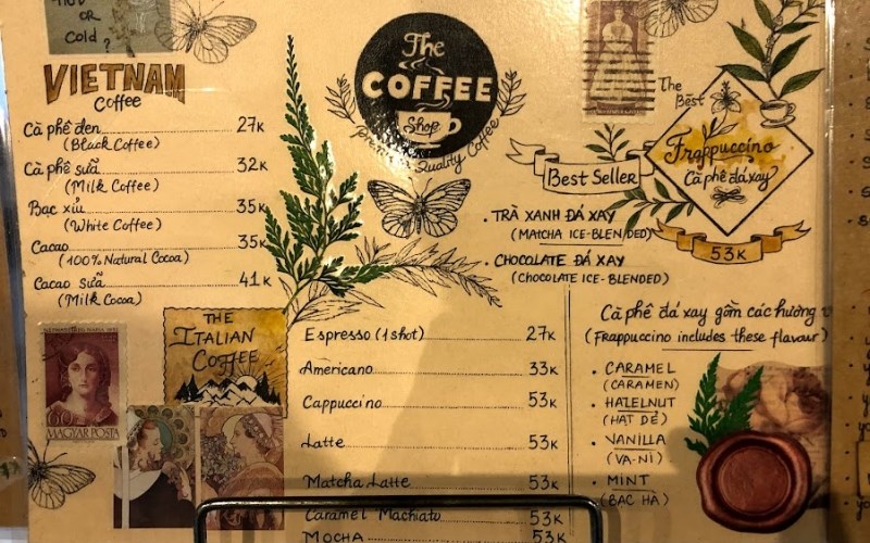 Thực đơn tại tiệm cafe Nhã Nam Books N' Coffee