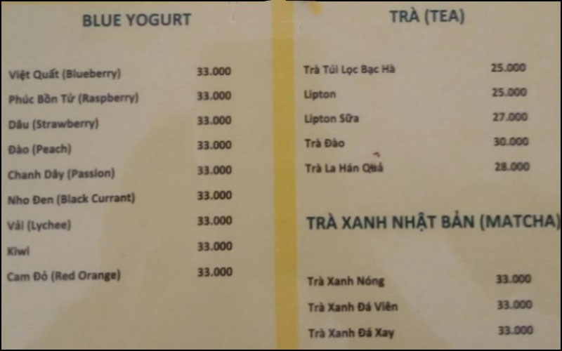 Thực đơn tại quán cafe Slowee