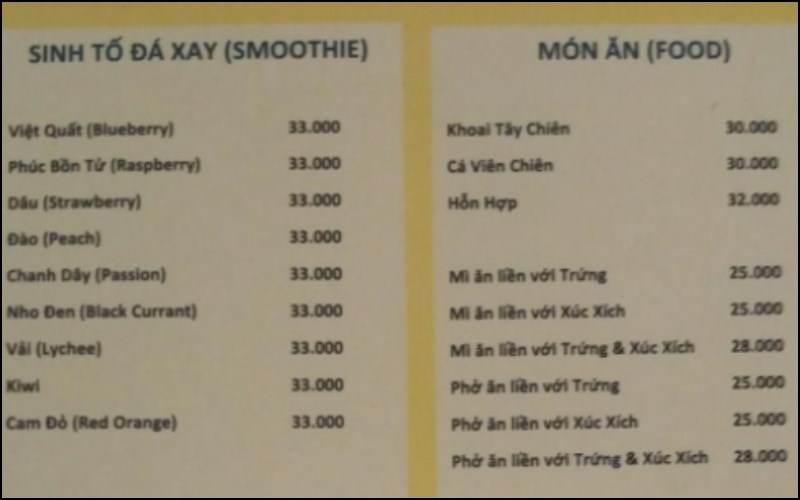 Thực đơn tại quán cafe Slowee