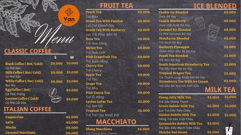 Menu quán YAN Coffee and Tea