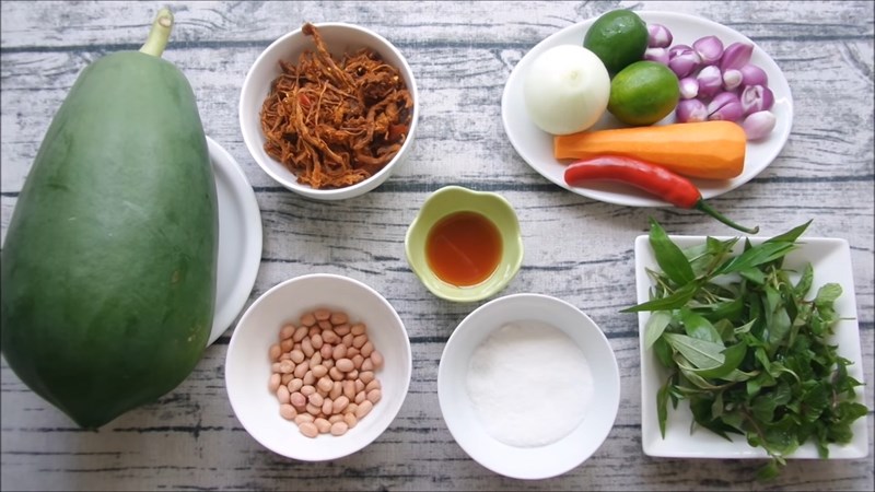 Nguyên vật liệu món nạp năng lượng nộm đu đủ bò khô