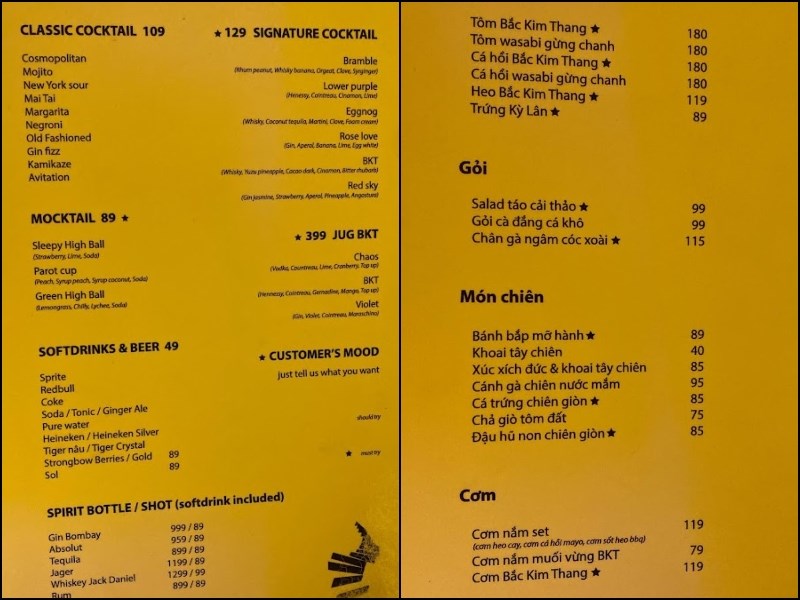 Thực đơn tại quán Bắc Kim Thang The Local