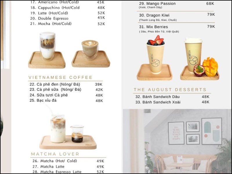 Thực đơn tại The August Coffee