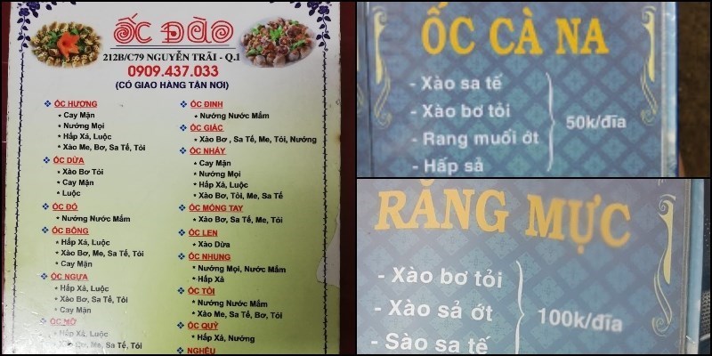 Menu quán ốc Đào