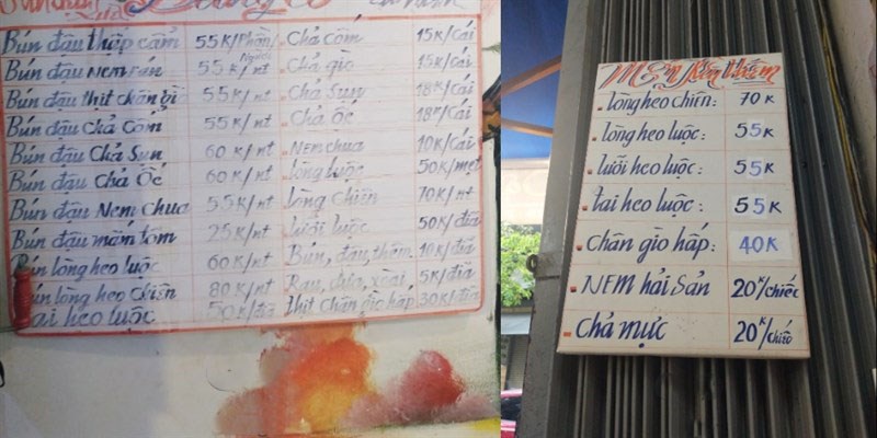 Thực đơn tại quán bún đậu Xưa