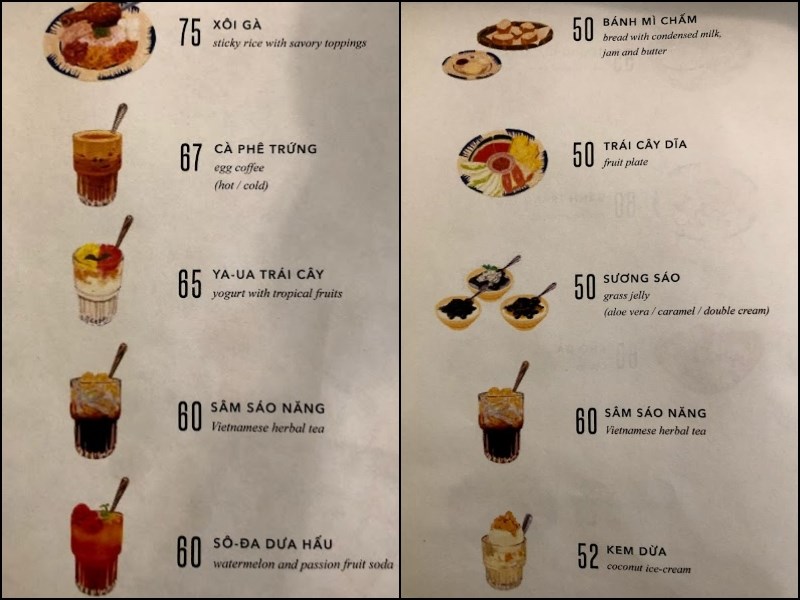 Thực đơn tại quán Nấp Saigon