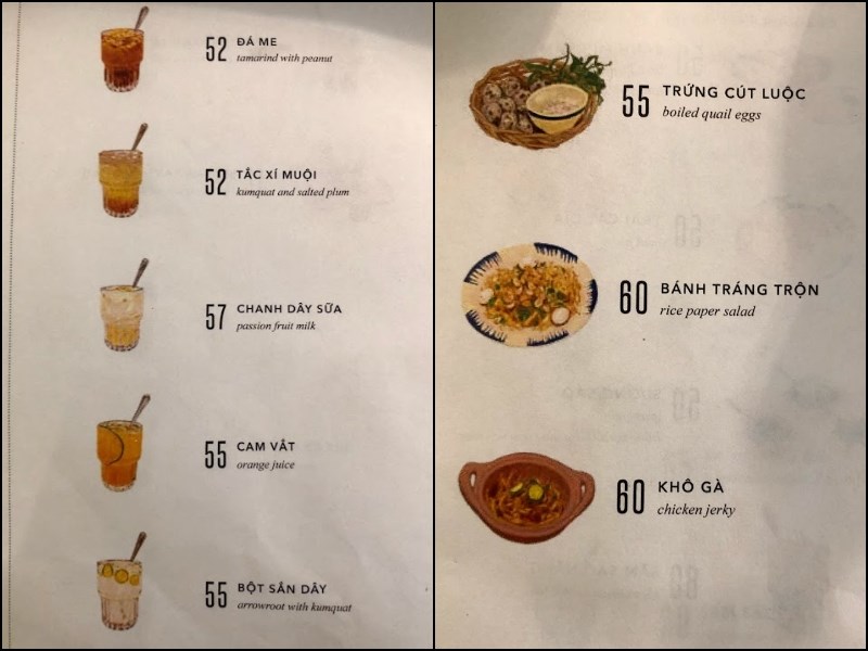 Thực đơn tại quán Nấp Saigon