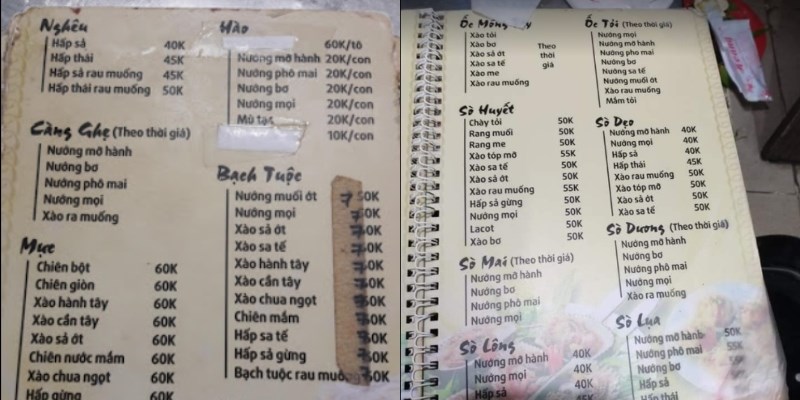 Menu Quán Ốc Hoàng