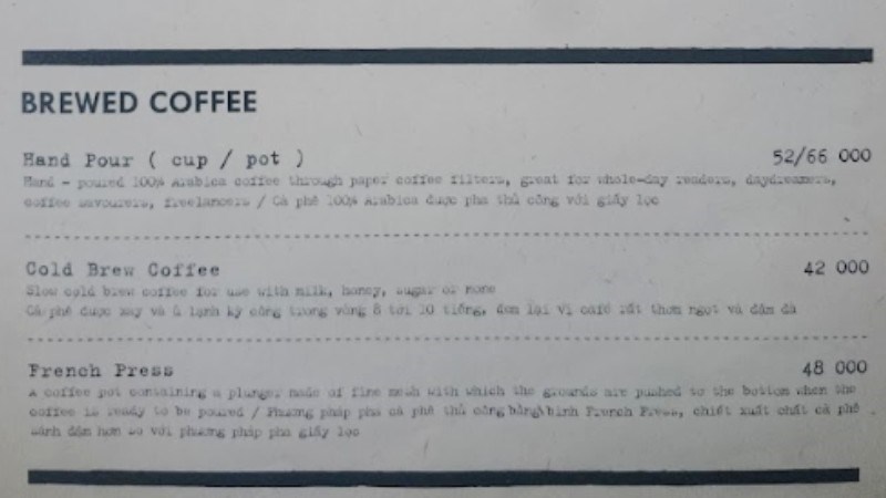 Menu quán Tranquil Books & Coffee