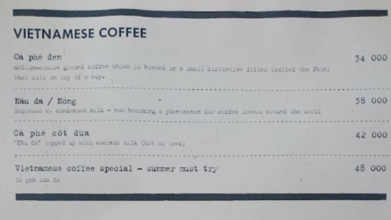 Menu quán Tranquil Books & Coffee