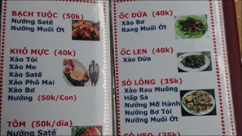 Menu Quán Ốc Luộc