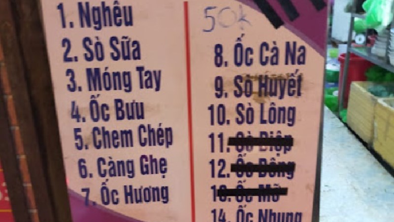 Menu Quán Ốc Tô Xóm Chiếu