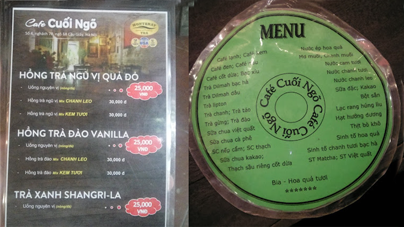 Menu quán Cafe Cuối Ngõ