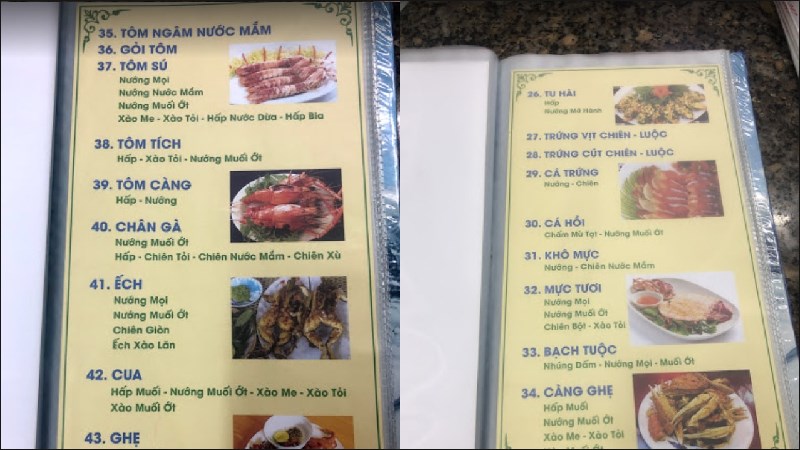 Menu Quán Ốc Thành Long