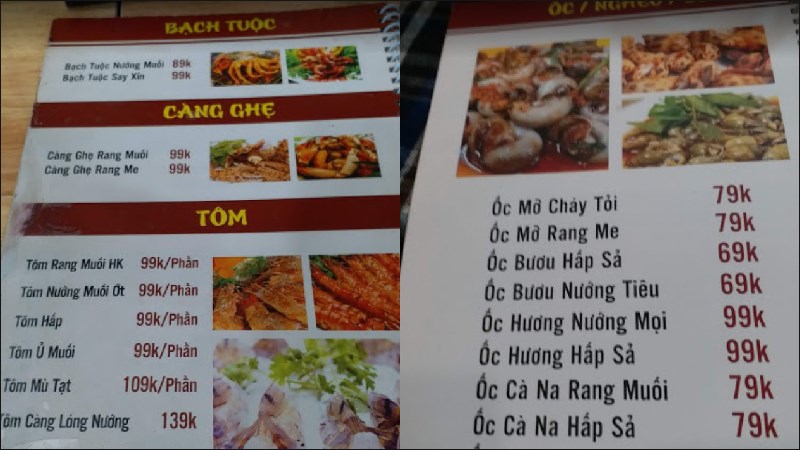 Menu Quán Ốc Ngon 109