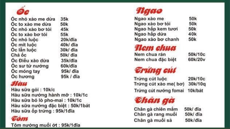 Menu quán ốc Ba Nghé