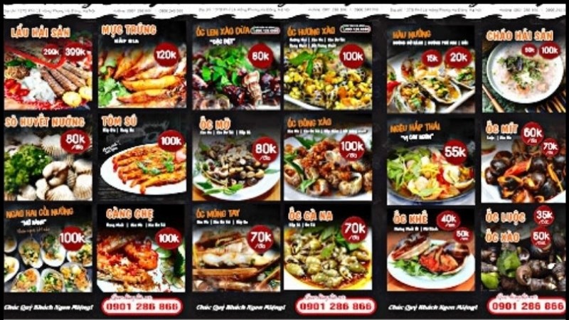 Menu quán ốc Hương Trang