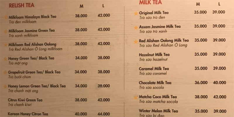 Menu quán Hebe Tea & Coffee