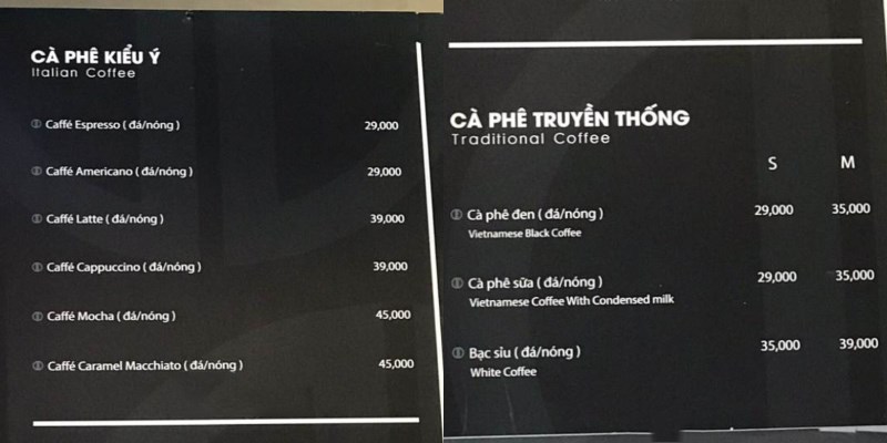 Menu quán The LOB Coffee