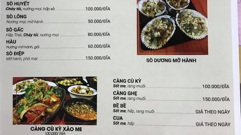 Menu quán ốc Trang Hải Phòng