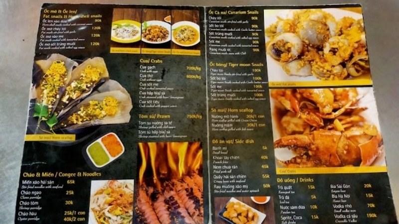 Menu quán ốc Dì Tú